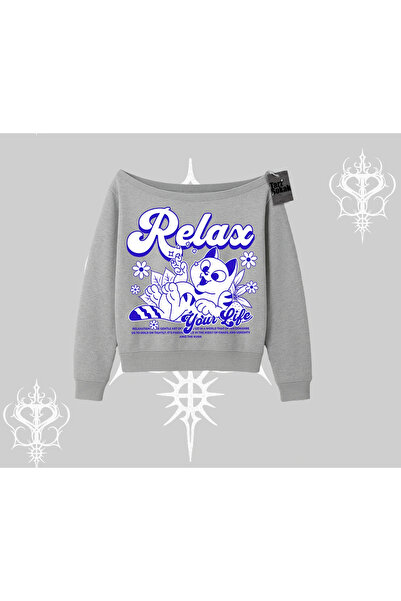 Tarzsokak Hanorac cu imprimeu Relax Cat, cu guler tip barcă