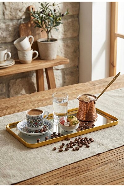 Yavuzhan Metal Gold Çerçeveli Dikdörtgen Aynalı Dekorarif Tepsi (13x30)