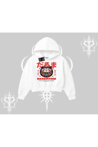 Tarzsokak سويت شيرت قصير بقلنسوة داروما كات أنيمي مطبوع