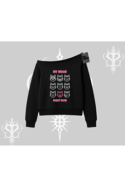 Tarzsokak Hanorac drăguț cu gâtul tip barcă, cu textul „My Mood Right Now”