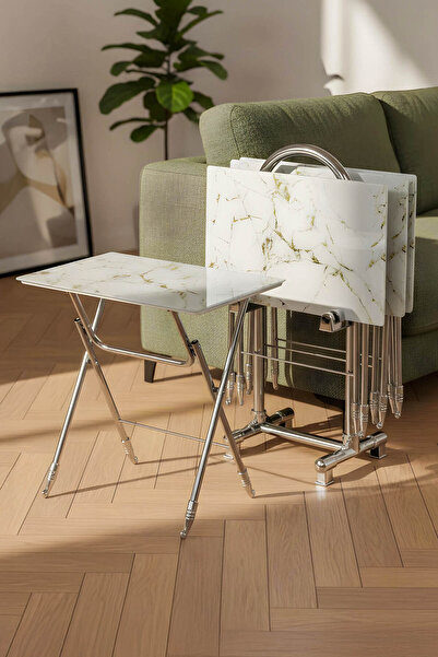 LUMİS GARDEN 4’lü Katlanır Cam Beyaz Mermer Desenli Gold Detaylı Çanta Zigon ...