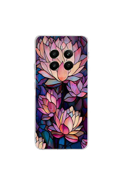 PrintiFy Realme 12 Pro Plus ile Uyumlu Vitray Sessiz Lotus Tasarımlı Şeffaf S...
