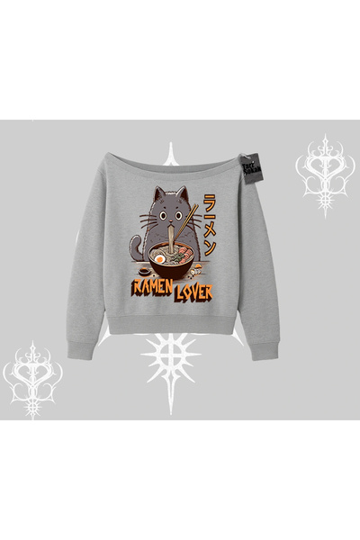 Tarzsokak Hanorac cu gâtul rotund Ramen Lover Cat Anime imprimat