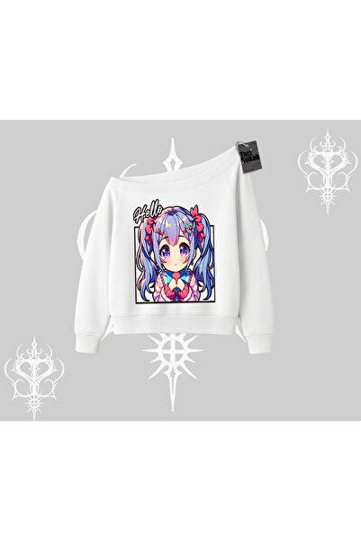 Tarzsokak Hanorac cu gâtul rotund Hello Anime Girl cu imprimeu cu personaje d...