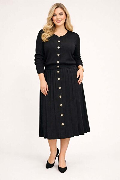 bezeXL Plus Size Buttoned Front Pleated Skirt Double Knitwear Set Black