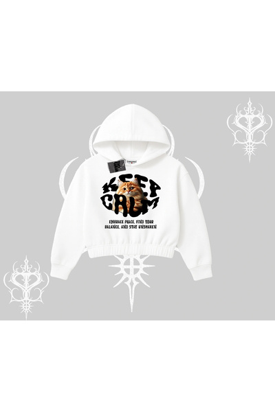 Tarzsokak سترة كروب بغطاء للرأس من Keep Calm مكتوب عليها Cat مطبوع Streetwear