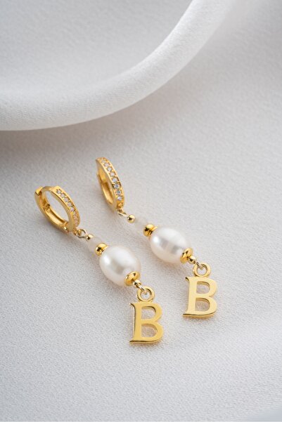 Two Arts Kadın 925 Ayar Gümüş Küpe İnci Harf Sallantılı Küpe | 14 Ayar Altın ...