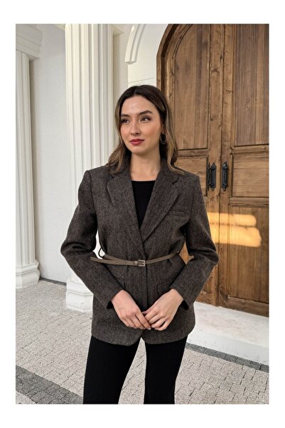 Elif Özbey Butik Vizon Çizgili Yün Karışımlı Kemerli Ceket