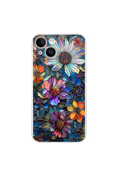 PrintiFy iPhone 14 Plus ile Uyumlu Vitray Mücevher Flora Tasarımlı Şeffaf Sil...