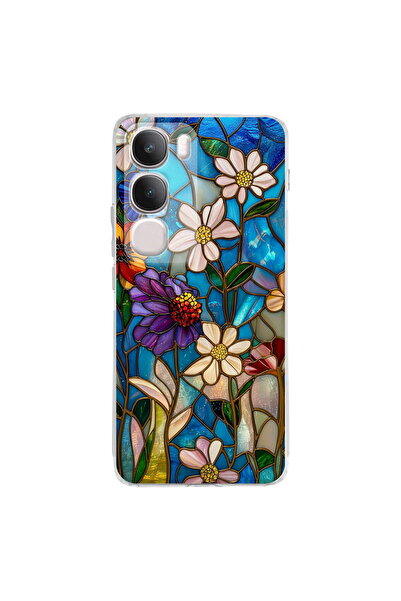 PrintiFy Vivo Y29 5G ile Uyumlu Vitray Mavi Bahar Tasarımlı Şeffaf Silikon Kılıf