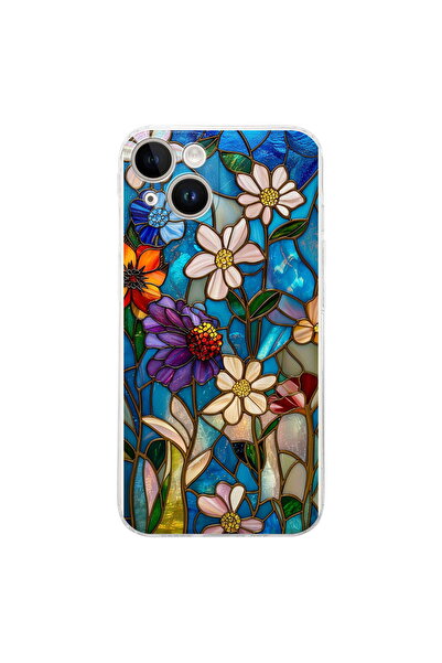 PrintiFy iPhone 14 Plus ile Uyumlu Vitray Mavi Bahar Tasarımlı Şeffaf Silikon...