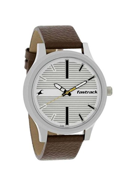 FASTRACK Fashion Analog Watch with Round White Dial and Brown Leather Strap f...