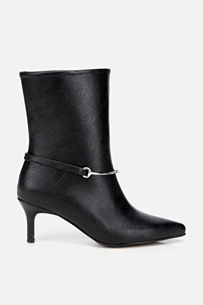 cevaplus Woman's black belt detailed buckled ankle heeled boots