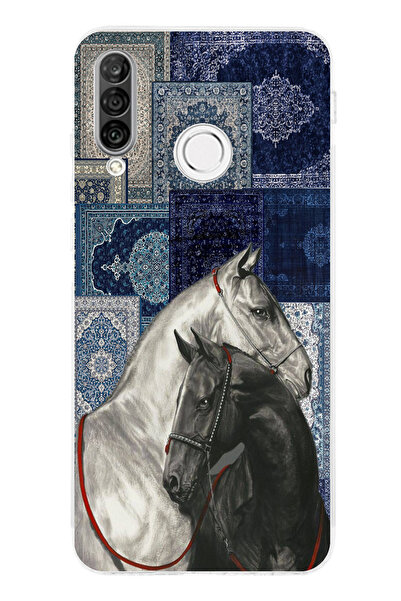 TechTree Huawei P30 Lite Uyumlu Mavi Kilim Desenli Siyah ve Beyaz At Baskılı ...