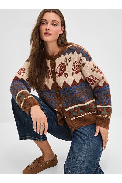 Lavanta Tekstil Flower Patterned Brown Cardigan