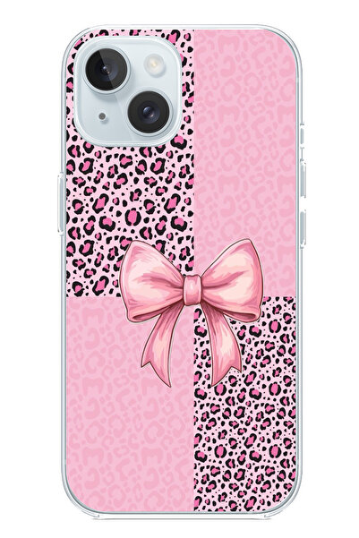 TechTree حافظة سيليكون متوافقة مع هاتف iPhone 15 بنمط الفهد الوردي وشريط مطبوع