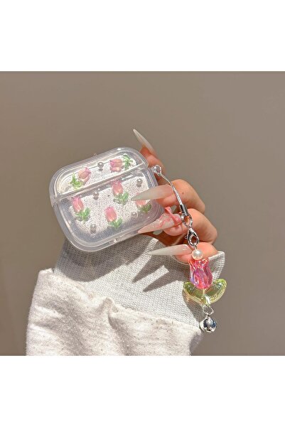 MustCase Airpods Pro 3 2025 Nesil Uyumlu Simli Lale Desenli Lale Kopçalı Kulaklık Kılıfı