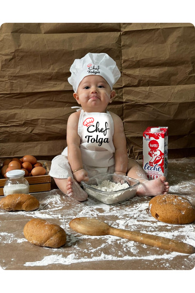 Teknik İSME ÖZEL CHEF BEBEK-ÇOCUK ÖNLÜK ŞAPKA SETİ