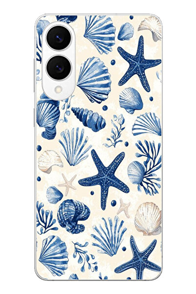 TechTree حافظة سيليكون مطبوع متوافقة مع هاتف سامسونج جالاكسي S25 إيدج بنمط صدفة البحر الزرقاء والنجمة