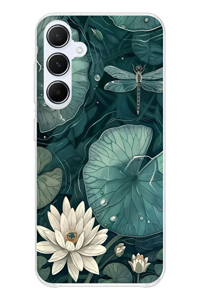 TechTree حافظة سيليكون متوافقة مع هاتف سامسونج جالاكسي A55 باللون الأخضر على شكل زهرة اللوتس واليافوت مطبوع