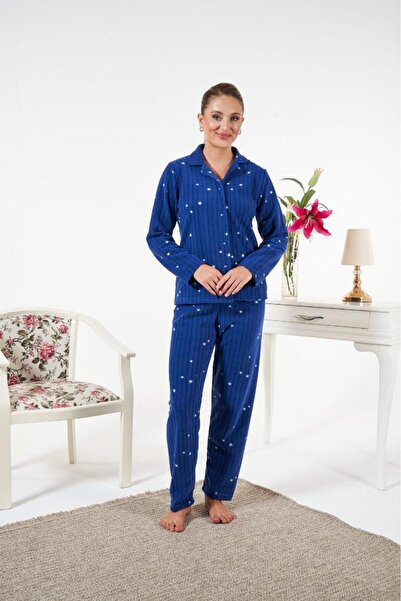 Estiva Buttoned Front Polka Dot Corded Fabric Fleece Pajama Set