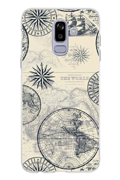 TechTree حافظة سيليكون متوافقة مع هاتف سامسونج جالاكسي J8-A6 بلس، خريطة العالم الكلاسيكية والبوصلة مطبوع