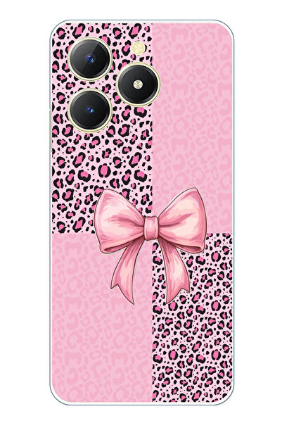 TechTree حافظة سيليكون متوافقة مع هاتف Realme C61 بنمط الفهد الوردي وشريط مطبوع