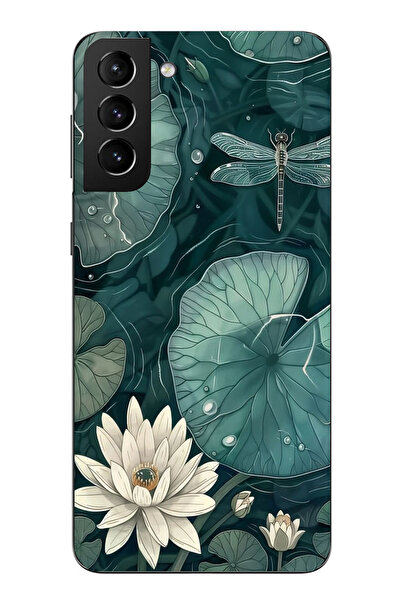 TechTree حافظة سيليكون متوافقة مع هاتف سامسونج جالاكسي S21 بلس باللون الأخضر على شكل زهرة اللوتس واليافوت مطبوع