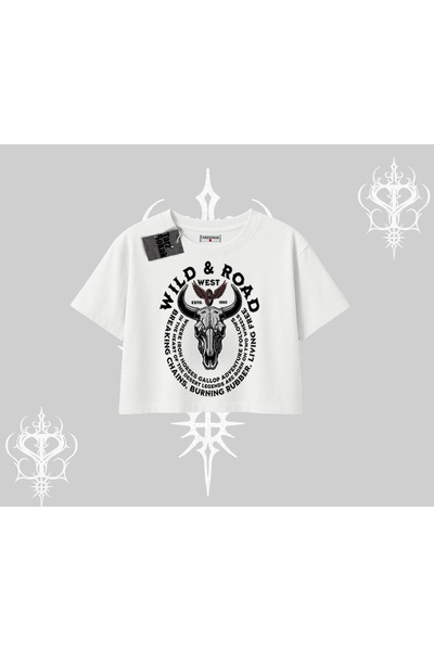 Tarzsokak Tricou crop oversize, stil sălbatic și de drum, cu craniu western, ...