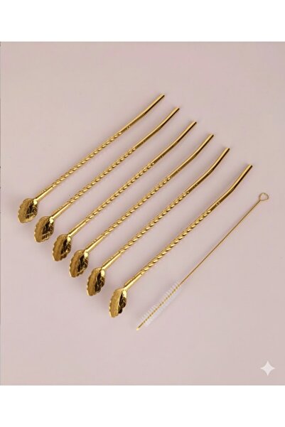keyfisepet en keyifli sepet Gold Burgulu Uzun Kokteyl Kaşığı Seti 6 Adet + Temizleme Fırçası