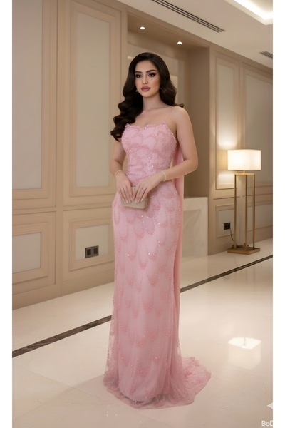 TOP BERLANTY فستان سهرة وردي مطرز يدويًا بتصميم حورية البحر مع وشاح شيفون