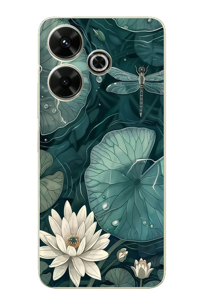 TechTree حافظة سيليكون متوافقة مع هاتف Redmi 13 باللون الأخضر على شكل زهرة اللوتس واليراعات مطبوع