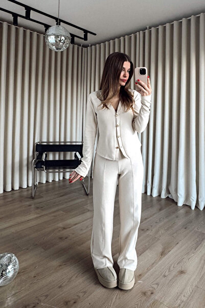 Sue Store Beige Gold Buttoned Blouse Pants Soft Touch Set