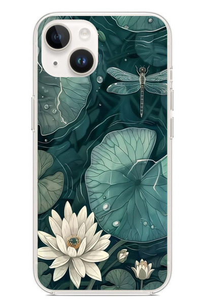 TechTree حافظة سيليكون متوافقة مع هاتف iPhone 13-14 ذات أوراق خضراء ونيلوفر وYusufçuk مطبوع