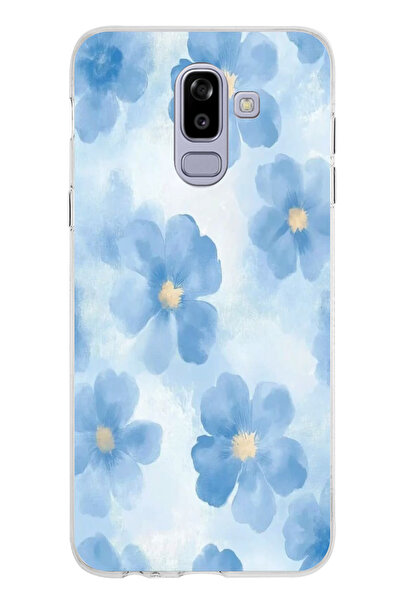 TechTree Samsung Galaxy J8-A6 Plus Uyumlu Mavi Çiçekler Baskılı Silikon Kılıf