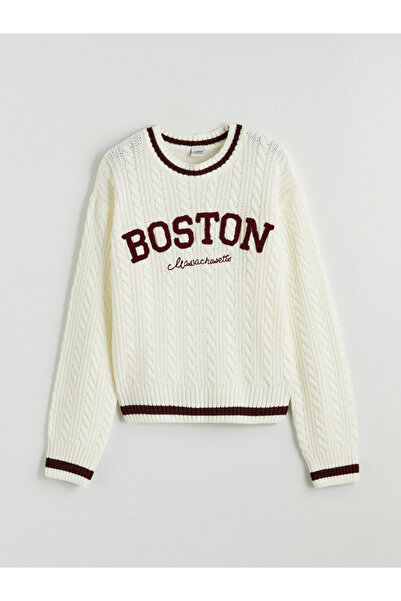 LC Waikiki Lcw Kidsekru Crew Neck Embroidered Girls' Knit Sweater