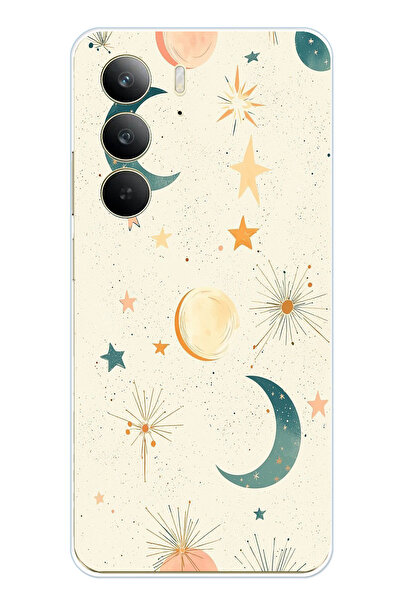 TechTree حافظة سيليكون متوافقة مع Realme C75 ذات خلفية كريمية وقمر ونجوم مطبوع