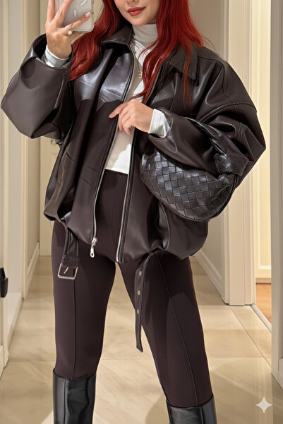 Orions Collection سترة جلدية من Luvren Black Trend قصة فضفاضة بحزام