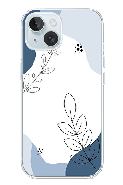 TechTree حافظة سيليكون متوافقة مع هاتف iPhone 15 باللون الأزرق وخطوط نباتية م...