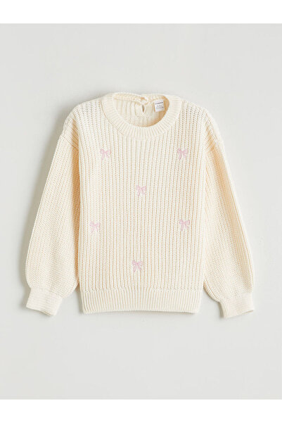 LC Waikiki Pulover tricotat pentru fete LCW Kids Ecru guler rotund Fiyonklu
