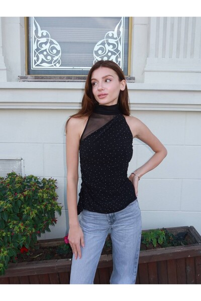 cemo Asimetrik Parıltılı Yüksek Yaka Bluz