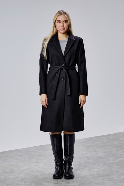 Bolivente Women's Black Belted Buttoned Long Coat