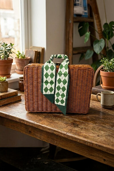 Vadi Vintage Yeşil Fularlı Hasır Retro Piknik Sepeti ve Plaj Çantası