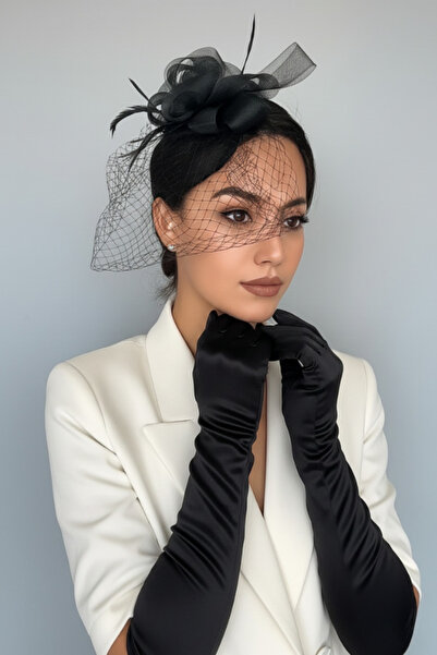 shop Siyah Vualet Şapka ve Uzun Abiye Eldiven Seti - Retro Fascinator İkili T...