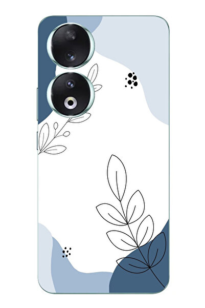 TechTree حافظة سيليكون متوافقة مع هاتف Honor 90 باللون الأزرق وخطوط نباتية مطبوع