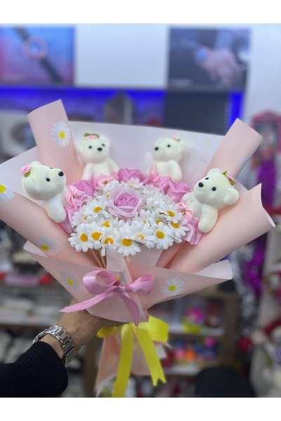 UMAY FLOWERS Sevimli Ayıcıklı Papatya & Pembe Gül Buketi – Özel Tasarım Hediyelik Çiçek