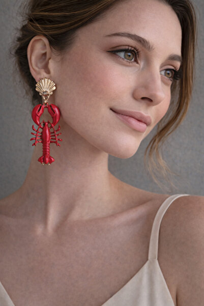 Lovecharm Gold Seashell & Red Lobster Detailed Dangle Women's Earrings