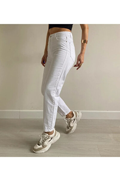 kleshus Pantaloni albi din denim pentru femei Mom Lycra-1