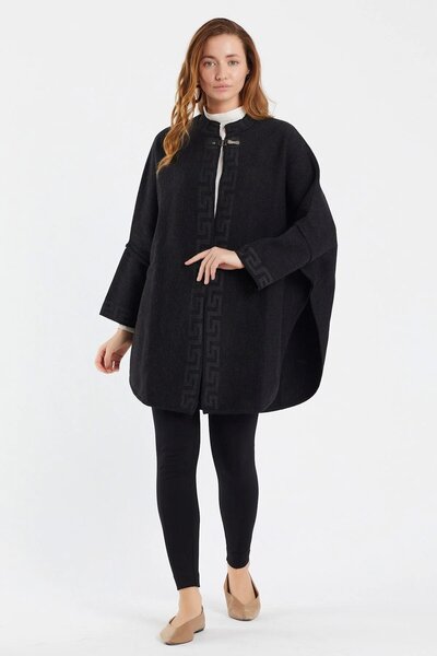 Uludağ Triko Geometric Patterned Transitional Women's Poncho