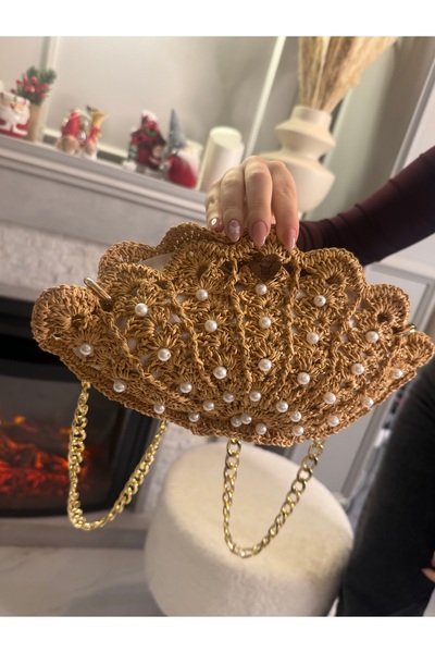 sinmm El Yapımı Hasır İstiridye/Midye Desen İnci Detaylı Gold Zincirli Astarlı Kol ve Omuz Çantası